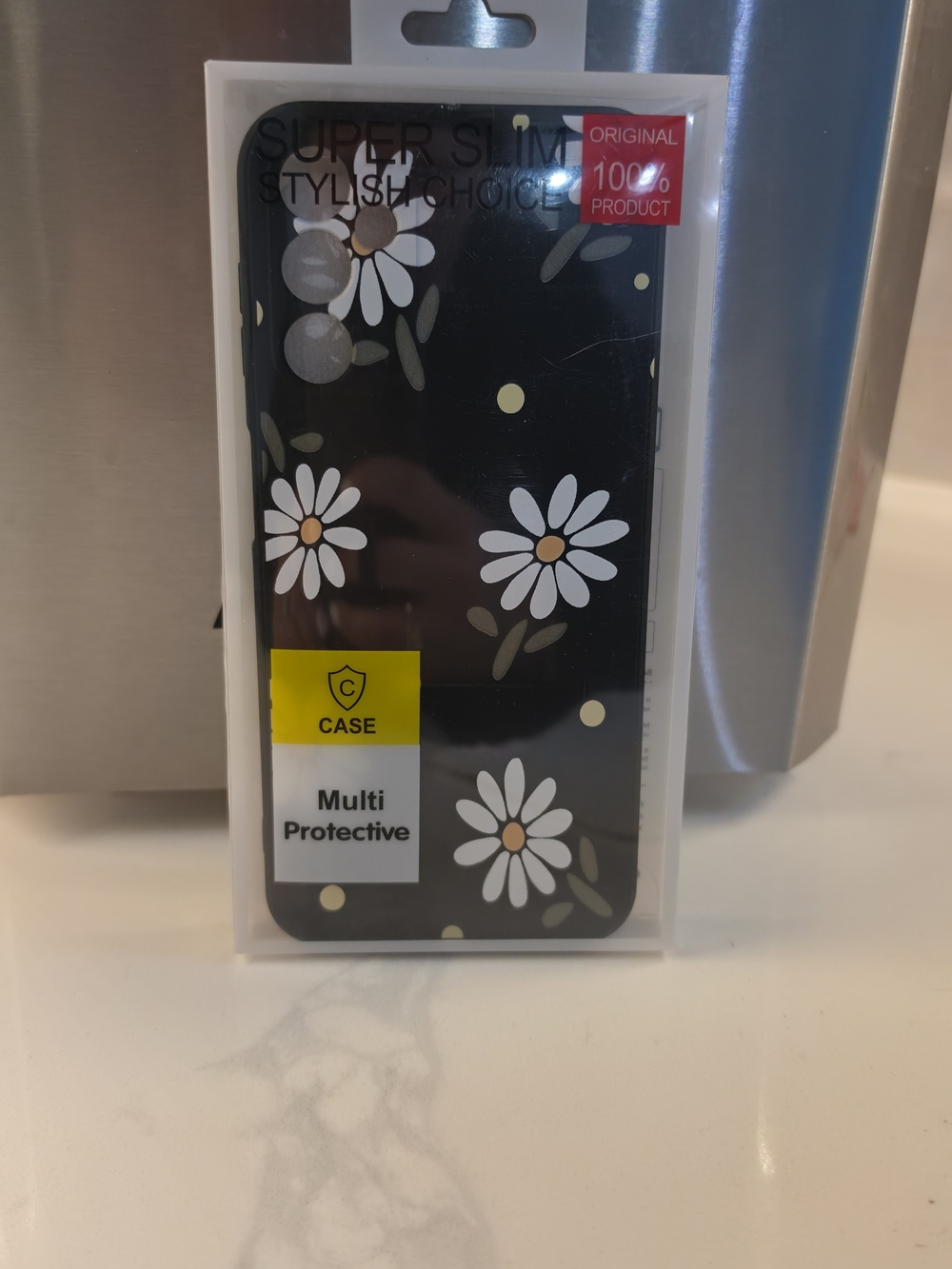 Samsung A14 PHONE CASE Black Daisy Floral with White & Yellow Accents